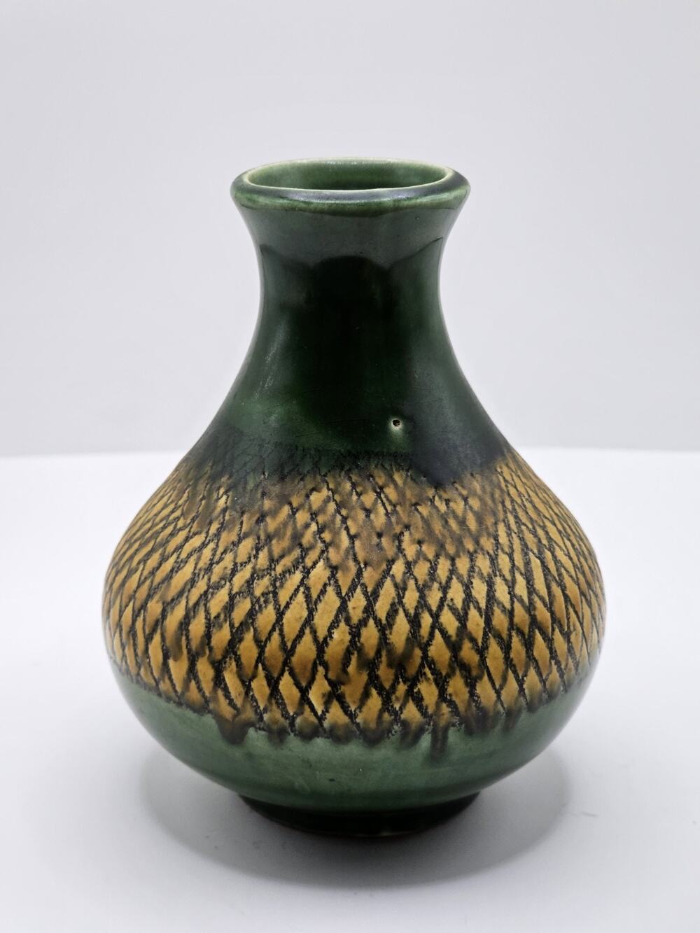 MCM Vega Ecuador Art Pottery Vase Green Yellow Geometric Diamond Pattern